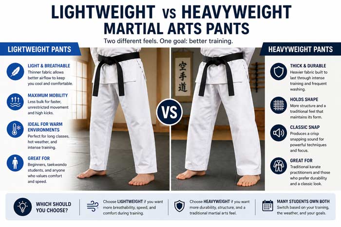 Infographic comparing lightweight and heavyweight martial arts pants showing differences in breathability, mobility, and durability