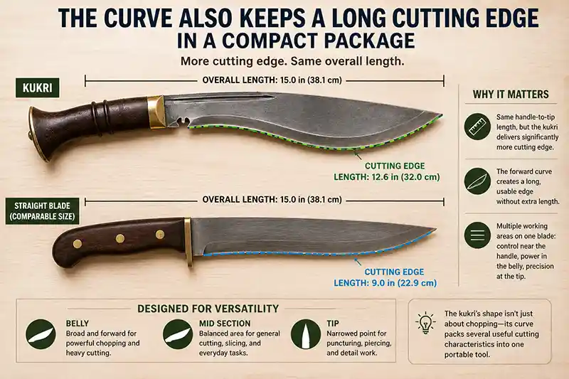 Kukri and straight blade cutting edge length comparison