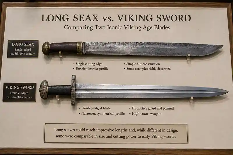 Long seax and Viking sword compared side by side in a museum display
