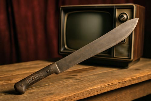 Machete resting on a wooden table beside an old television.