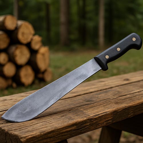 Worn machete resting on a wooden bench near stacked firewood.