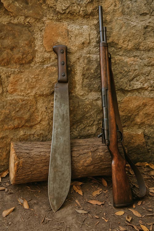 Old machete and antique rifle leaning against a stone wall.