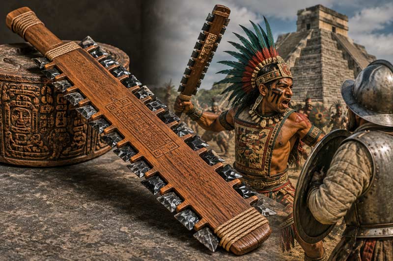Aztec warrior carrying a macuahuitl lined with obsidian blades