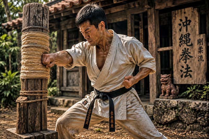 Martial artist practicing traditional makiwara training by punching a rope-wrapped wooden post outside a rustic dojo.