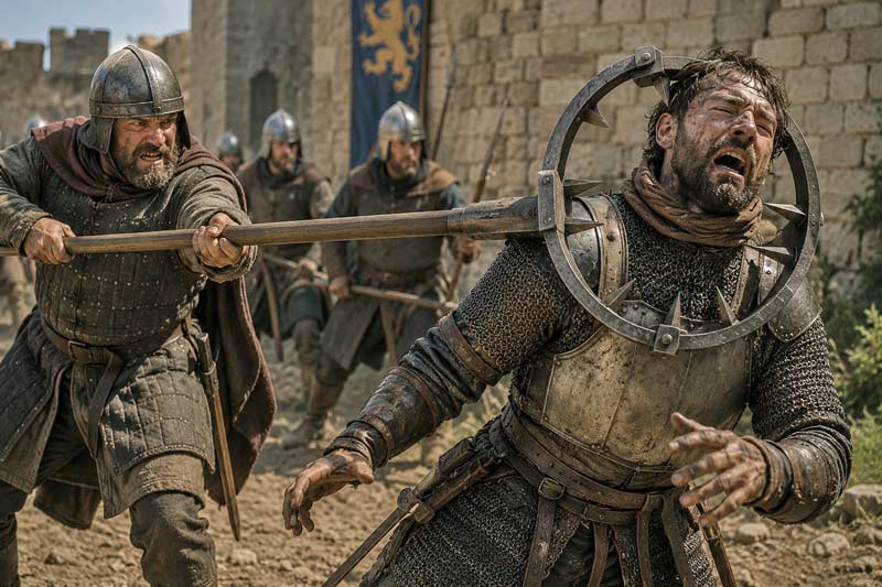 Medieval soldier using a man catcher to restrain an armored opponent
