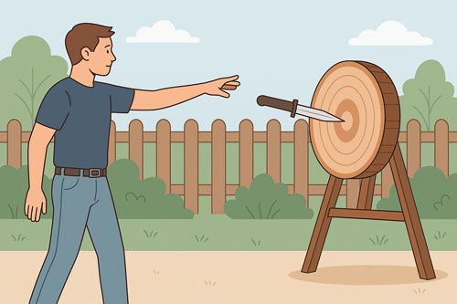 Illustration of a man throwing a knife into a wooden target