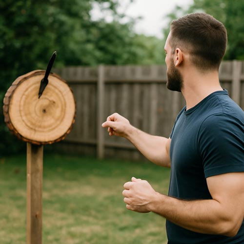 Man throwing a knife at a wooden target in a backyard