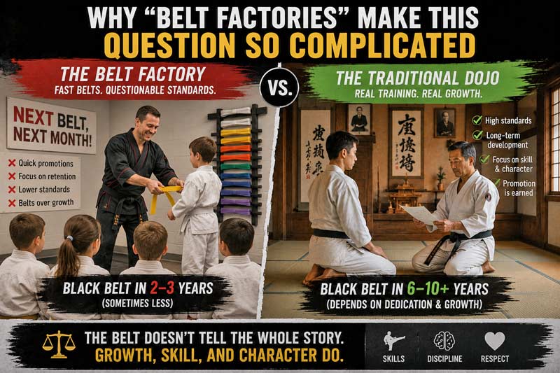 Infographic comparing fast-track belt factory schools with traditional martial arts training and black belt timelines.