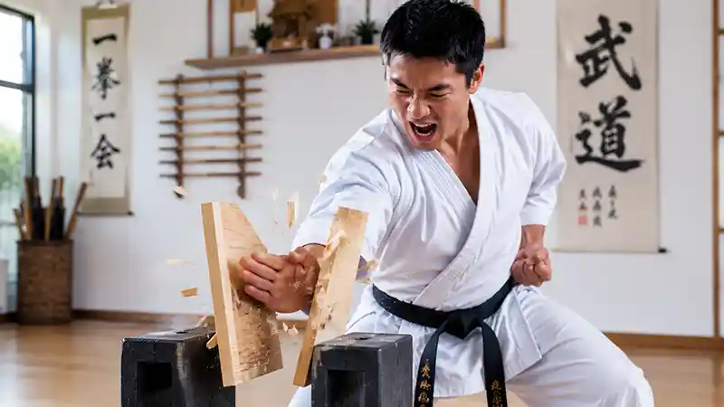 Martial artist breaking a wooden board with a powerful strike