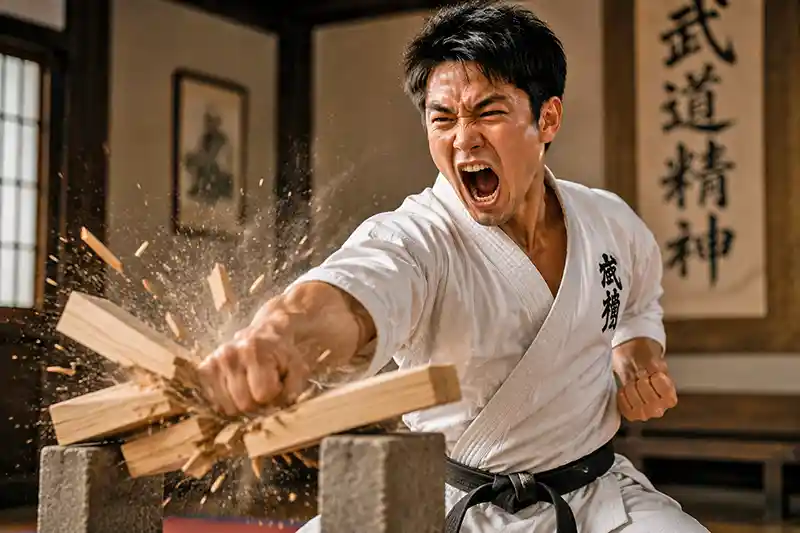 Martial artist performing a powerful kiai while breaking wooden boards with a punch