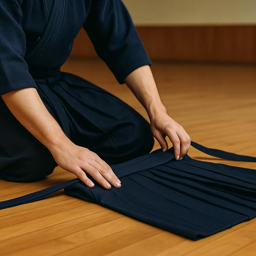 Martial artist folding a navy blue hakama on a wooden dojo floor.