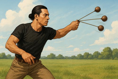 martial artist practicing with bolas outdoors