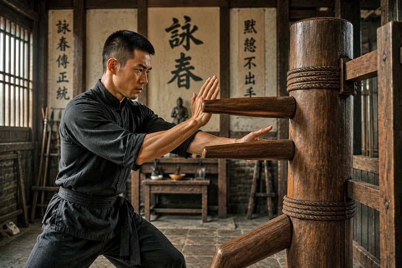 Martial artist practicing Wing Chun techniques on a traditional wooden dummy inside a rustic dojo.