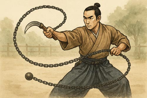 kusarigama weapon demonstration by martial artist with swinging chain