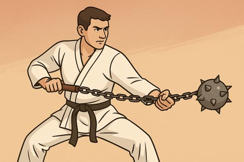 illustrated martial artist swinging a flail weapon while wearing a white gi