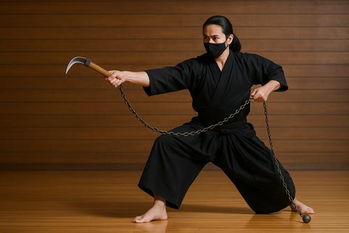 martial artist in mask using a kusarigama