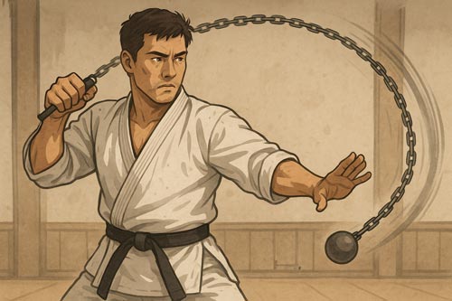 martial artist practicing with a swinging chain weapon indoors