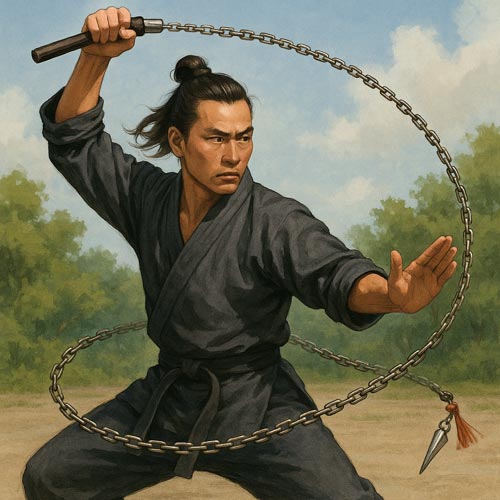 martial artist demonstrating a chain whip technique outdoors