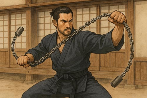 martial artist holding a manriki chain in a traditional training stance