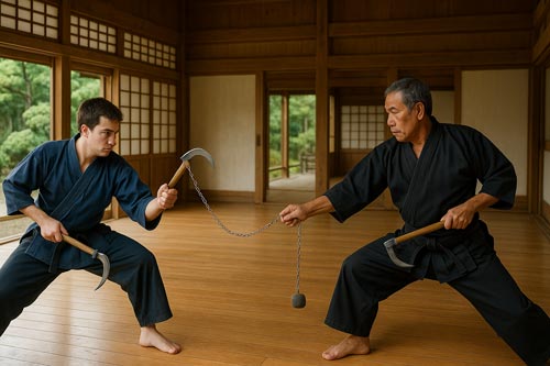Two martial artists practicing kusarigama techniques in a traditional wooden dojo