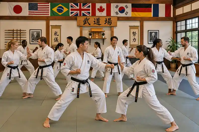 Diverse martial artists training together in a traditional dojo with international flags and Japanese decor