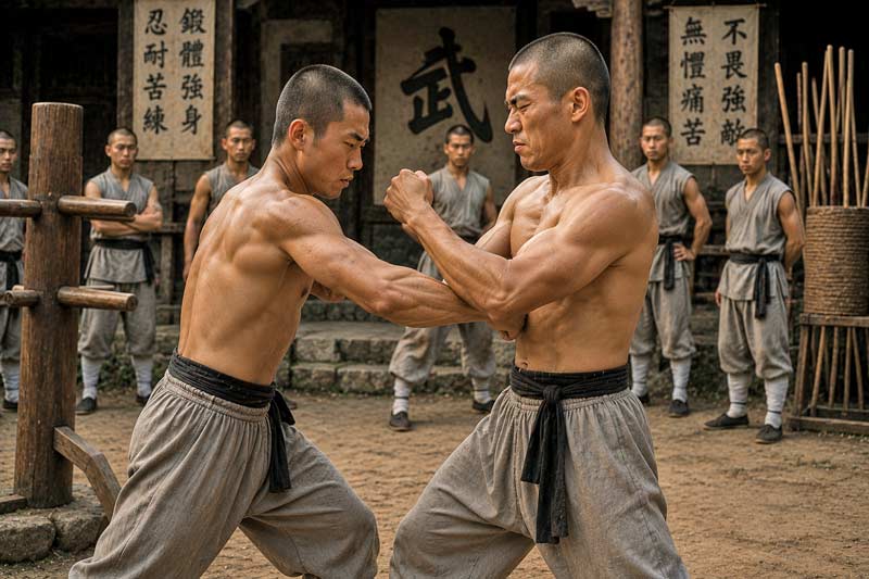 Two martial artists practicing traditional body hardening drills by conditioning forearms and absorbing controlled strikes in a historic training courtyard.