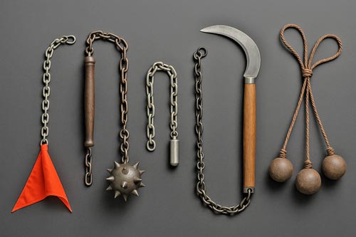 Five different chain weapons displayed side by side