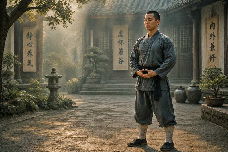Martial artist practicing standing meditation and breathing exercises in a peaceful courtyard, emphasizing calm focus and traditional mental training.