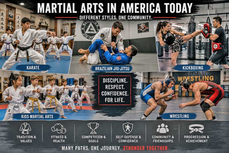Collage showing modern martial arts training in America, including karate, Brazilian Jiu-Jitsu, kickboxing, wrestling, and kids martial arts classes.