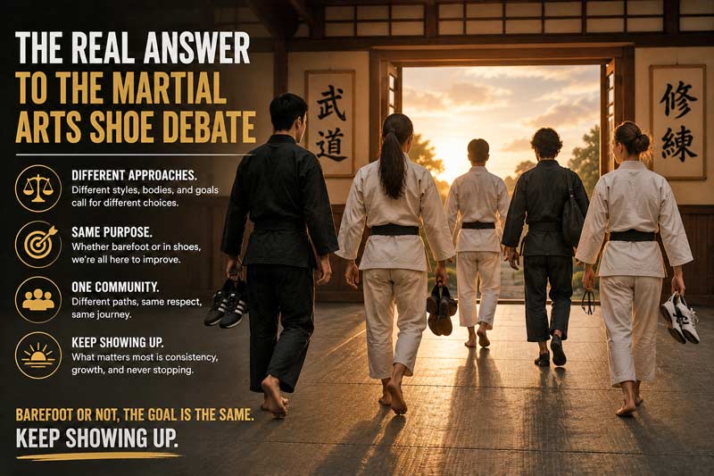 Martial artists leaving a dojo together, some barefoot and some carrying shoes after training.