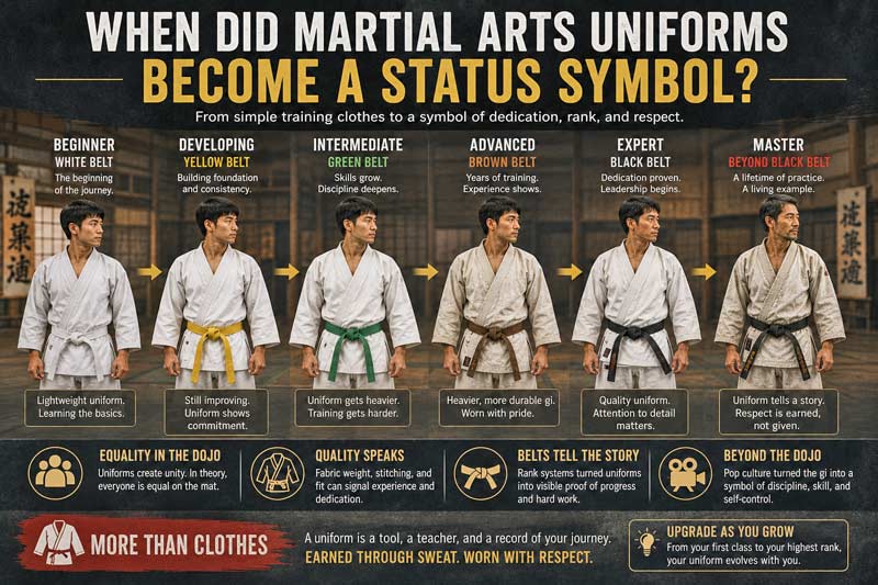 Infographic showing the progression of martial arts uniforms and belt ranks from beginner white belt to experienced black belt, illustrating how uniforms became symbols of skill and status.
