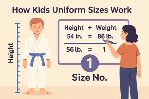 Illustration showing how kids martial arts uniform sizing works using height and weight.
