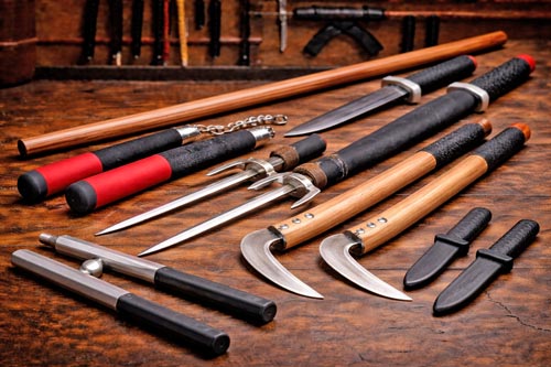 Collection of traditional martial arts weapons on a dojo floor