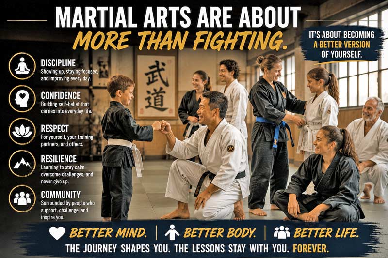 Diverse martial arts students training together in a dojo, showing that martial arts are about confidence, discipline, community, and personal growth beyond fighting.