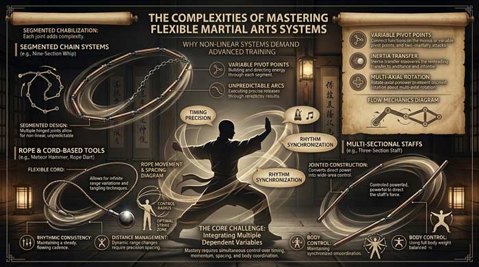 Infographic explaining why flexible martial arts systems are difficult to master, highlighting timing, coordination, momentum, rhythm, and body control