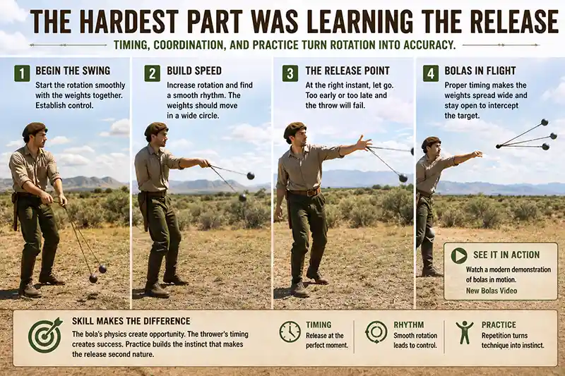 Four stages showing how bolas are swung, released, and opened in flight