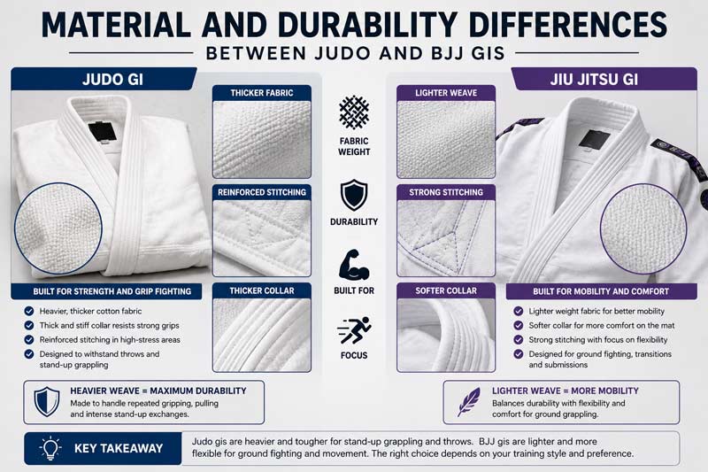 Comparison infographic showing material and durability differences between judo gis and Brazilian Jiu Jitsu gis with fabric details and construction features