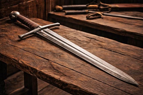 Medieval European longsword with double-edged blade
