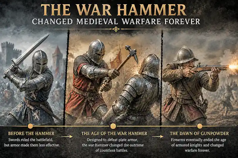 Timeline showing the evolution of medieval warfare from swords to war hammers to early firearms.