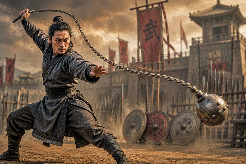 Ancient warrior swinging a traditional Chinese meteor hammer in battle