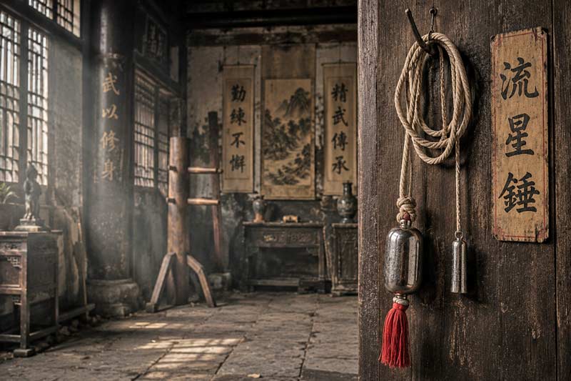 Traditional meteor hammer hanging inside an old martial arts training hall