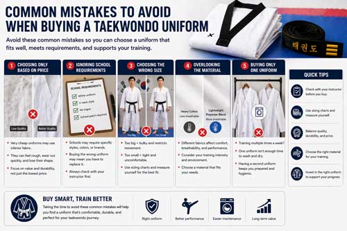 Taekwondo uniform buying mistakes showing sizing, material, and quality issues