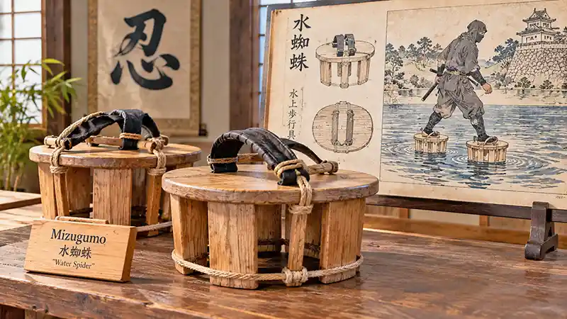 Traditional mizugumo ninja water shoes displayed beside an illustration showing their supposed use