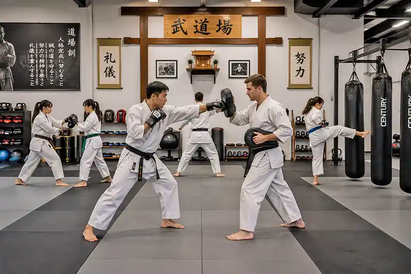 Modern martial arts dojo with students practicing techniques using training equipment and focus mitts