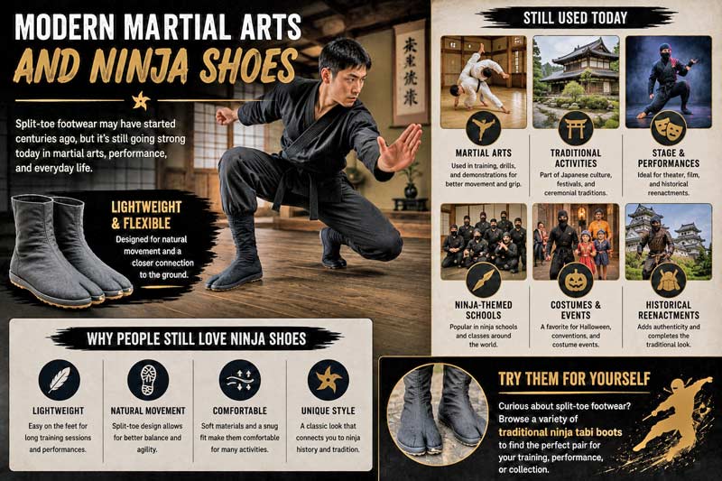 Infographic showing how split-toe ninja shoes are still used in martial arts, costumes, and traditional activities today.