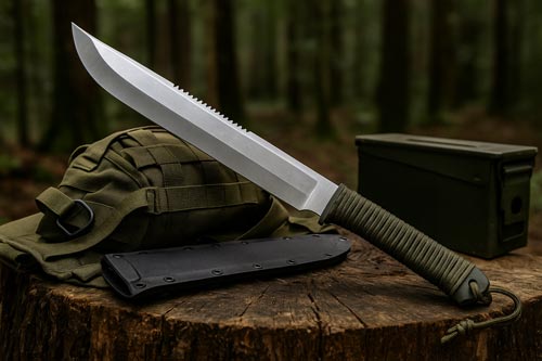 Modern machete with survival gear on a stump in a forest.
