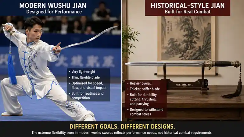 Modern flexible wushu jian compared with a historical Chinese sword
