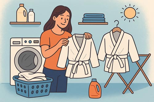 Illustration of a parent washing and air drying a childs martial arts uniform.
