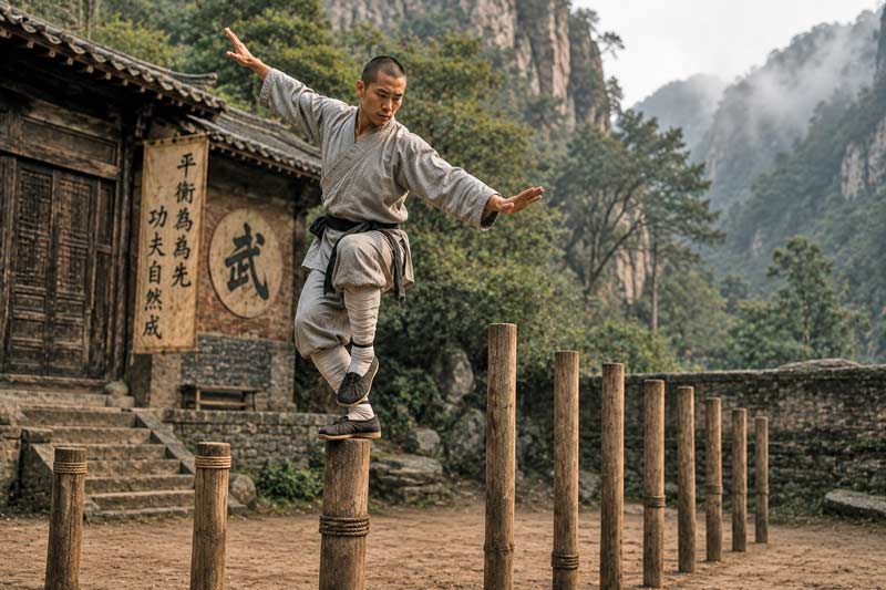 Martial artist practicing balance training by standing on elevated wooden poles outside a traditional mountain dojo.