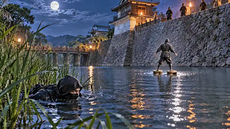 Ninja swimming through reeds while another crosses a guarded castle moat on water shoes